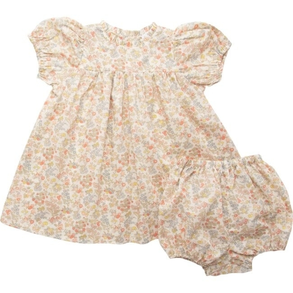 Ellie Peach and Yellow Floral Puff-Sleeve Dress with Bloomers